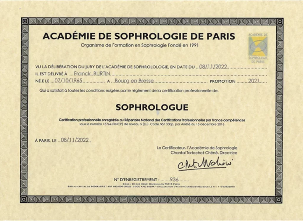 Franck BURTIN - Diplome sophrologue certifié RNCP